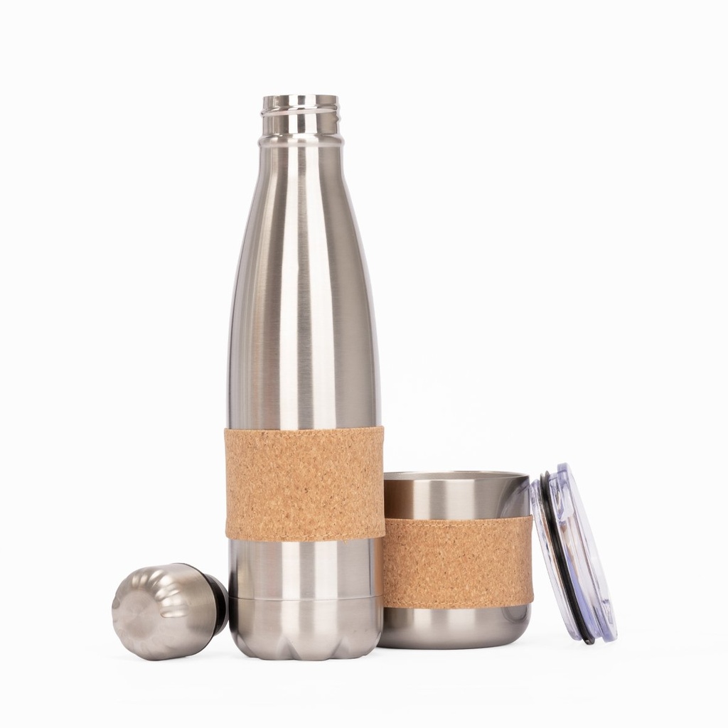 Set de botella y mug de acero inoxidable y corcho 1