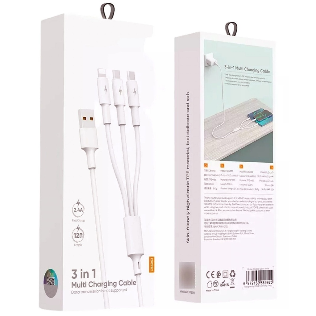 Cable multicargador plano 3 en 1 de 120 cm 2