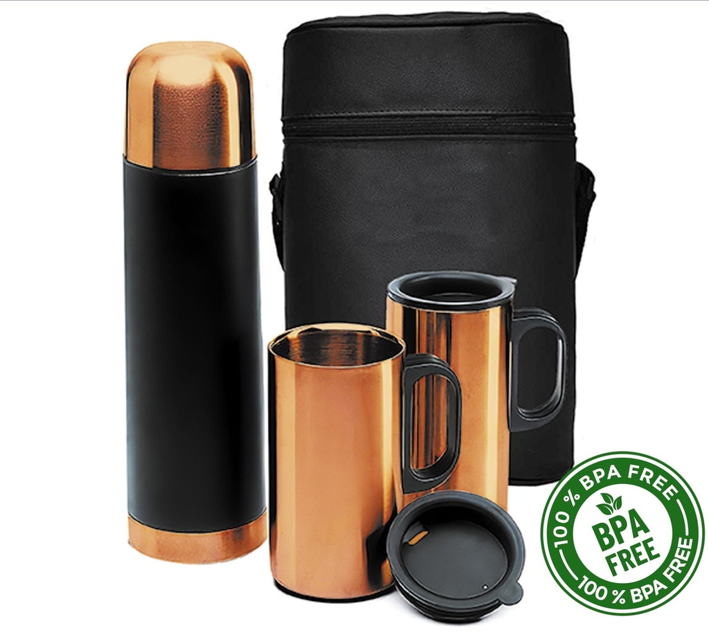 Set de termo 500 ml y mugs acabado cobre con bolso 3