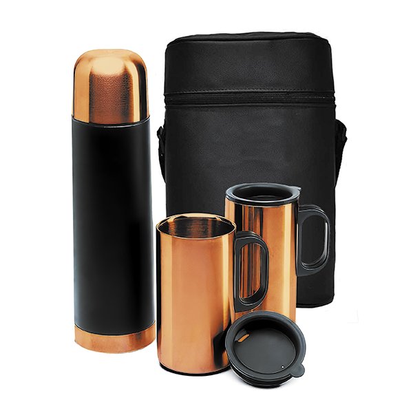 Set de termo 500 ml y mugs acabado cobre con bolso