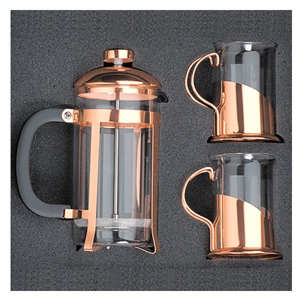 Set de cafetera francesa y 2 tazas acabado cobre
