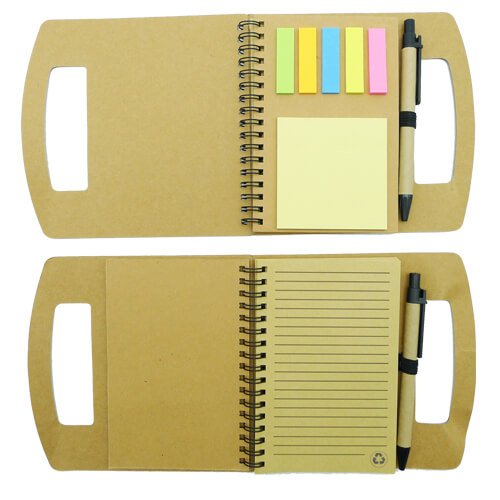 Libreta kraft con bolígrafo y notas adhesivas 16 × 15,5 cm