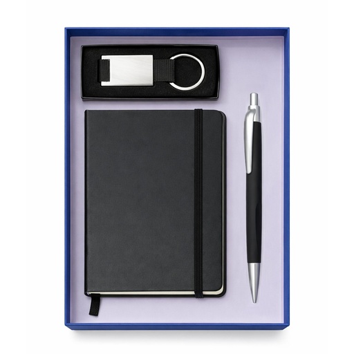 [LE-LIB-0056-AZU] Set de regalo con libreta de cuerina, bolígrafo y llavero (Azul)