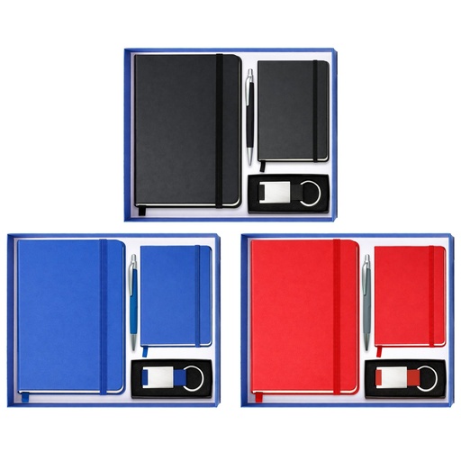 [LE-LIB-0052-AZU] Set de regalo con 2 libretas de cuerina, bolígrafo y llavero (Azul)