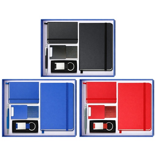 [LE-LIB-0053-AZU] Set de regalo con 2 libretas, bolígrafo, llavero y soporte (Azul)