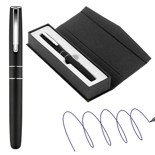 [LE-ESC-0051] Bolígrafo roller metálico negro engomado con estuche