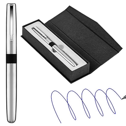 [LE-ESC-0052] Bolígrafo roller metálico plateado con estuche
