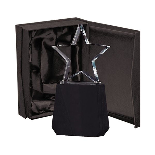 Galvano de cristal con estrella y base de madera 12 × 24 cm