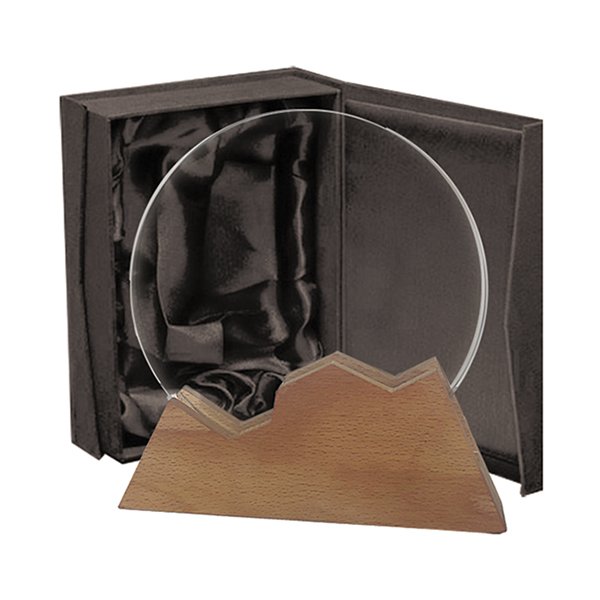 Galvano de cristal con base de madera 20 × 21 cm