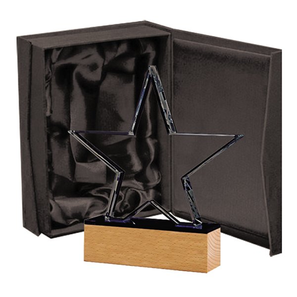 Galvano de cristal con estrella y base de madera 16 × 19,5 c