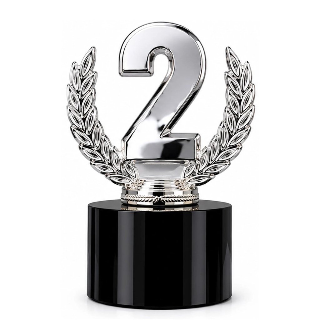 Trofeo segundo lugar plateado con base negra de cristal