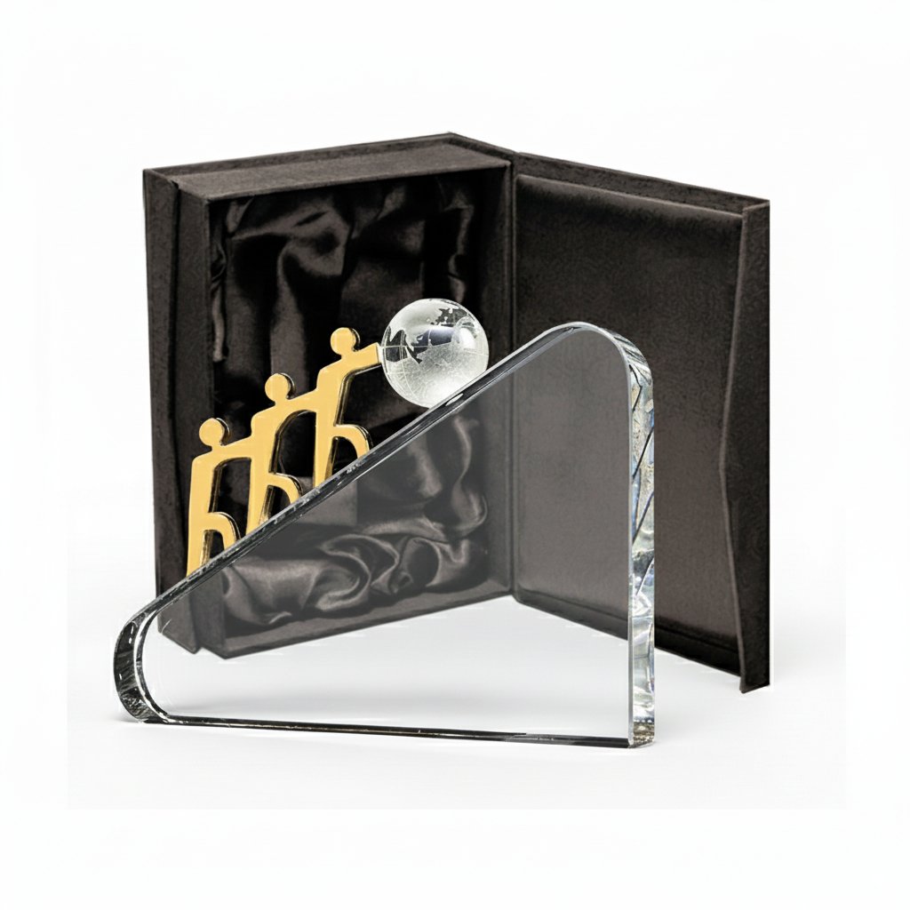 Galvano triangular de cristal con esfera grabada 17 × 12 cm