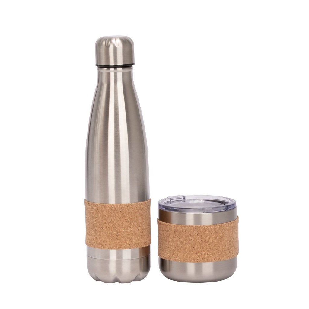 Set de botella y mug de acero inoxidable y corcho