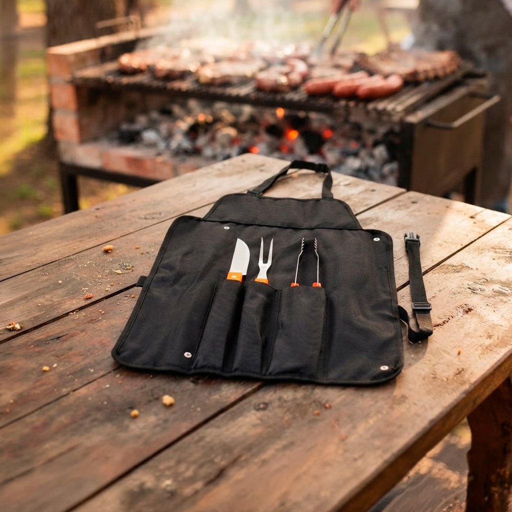 Delantal de parrilla con 3 herramientas 42,5 × 61 cm